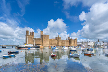 Caernarfon Castle on the River Seiont overlooking the Menai Strait in Wales