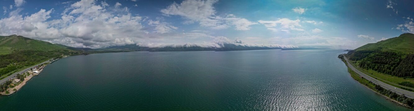 Beautiful panorama drone image of the Sevan lake in Armenia