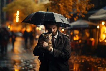 A man taking care of a kitten on the street, Protection and care for the defenseless, ai generated