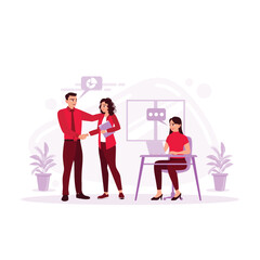 The boss congratulates the employee on the promotion. The office team praises employees for business success. Professional recognition concept. Trend Modern vector flat illustration
