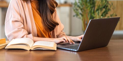 Portrait of creative woman use laptop work digital online marketing internet advertising and sales...