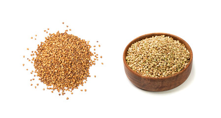 Raw Buckwheat Pile Isolated, Dry Buck Wheat Grains, Russian Kasha Heap, Uncooked Buckwheat Cut Out