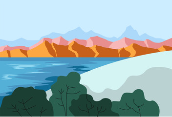 Fototapeta na wymiar Landscape with mountains and lake or pond vector