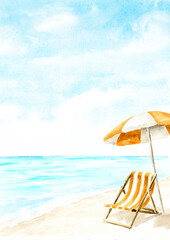 Fototapeta na wymiar Beach chair and umbrella parasol on the sand near the sea, Summer vacation background concept. Hand drawn watercolor illustration with copy space