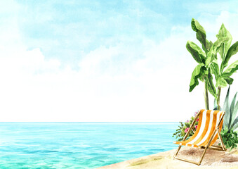 Obraz premium Beach chair and umbrella parasol on the sand near the sea, Summer vacation background concept Hand drawn watercolor illustration with copy space