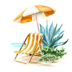Beach chair and umbrella parasol on the sand near the sea. Summer vacation concept. Hand drawn watercolor illustration isolated on white background © dariaustiugova