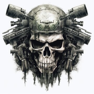 T shirt print with Military skull head in vintage style. AI Generative.