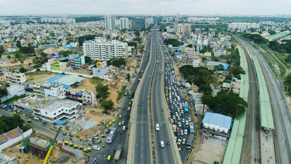 Bangalore city traffic drone photo with flyover. shot on 12.06.2019