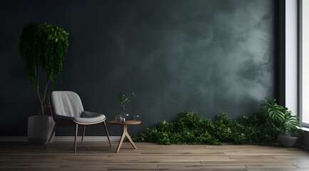 A modern luxury living room interior background, interior with black walls, living room interior mockup, dark interior of living room with a black wall, chair, and wooden console, Generative AI