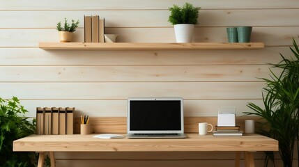 
Sleek minimalist workspace, study table, laptop, books, notes