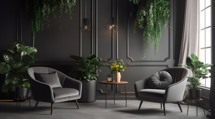 Fototapeta premium A modern luxury living room interior background, interior with black walls, living room interior mockup, dark interior of living room with a black wall, chair, and wooden console, Generative AI