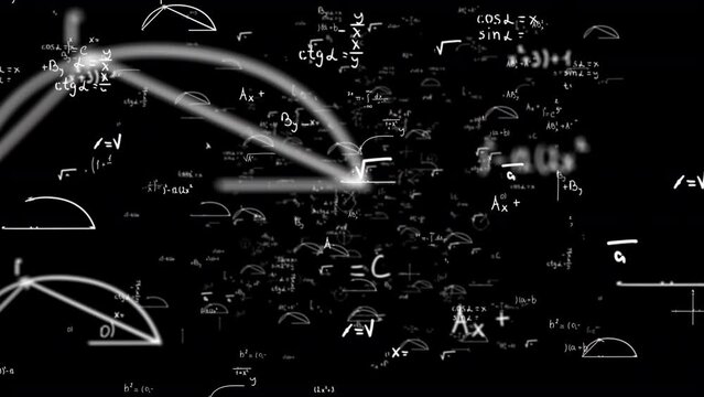 Math and physics formulae pass through the screen and fall away. Animation of maths equations. Fast movement of plexus formulas. Science, technology Genetics biology, biotechnology, chemistry, science
