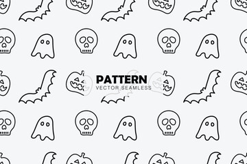 Halloween ghost, pumpkin, bat, and skull outlined vector seamless repeat pattern