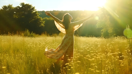 Happy woman dancing alone at green sunny meadow. Young woman with arms raised standing on field against sky feeling of freedom and happiness