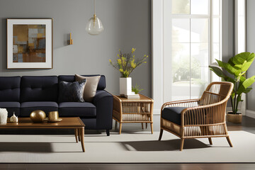 modern living room with sofa, rattan chair