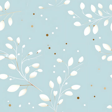 White scattered leaves laying on a blue pastel background. Seamless pattern. endless tile. 