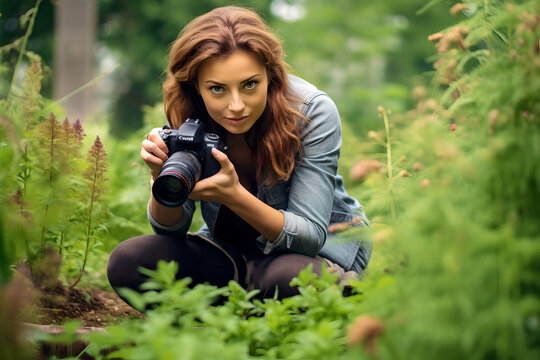 Woman photographer taking photo in the garden using camera shooting trees in blossom