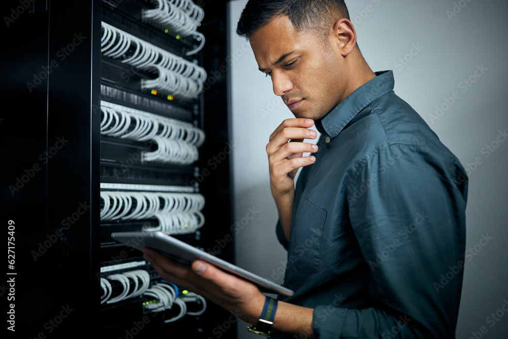 Poster Engineer man, tablet and thinking in server room inspection, coding and check for analysis, night or programming. Information technology expert, touchscreen or database for mindset, idea or solution