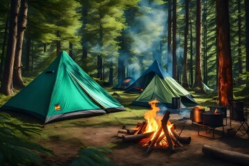 Opened camping tent placed near burning fire in green forest with lush trees and plants in nature - obrazy, fototapety, plakaty