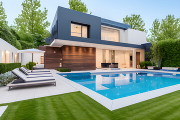 modern house with pool - obrazy, fototapety, plakaty