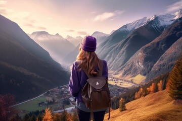 Fototapeta na wymiar Adventurous Woman Exploring Majestic Mountain Views with a Backpack, Generative AI