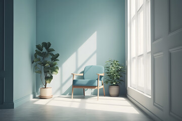 A blue chair in the living room with potted and green plants in a vase. Cozy corner with a blue chair and a green plant, Generative AI