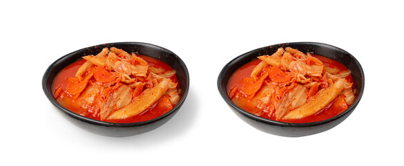 Kimchi Isolated, Kimchee in Black Bowl, Red Spicy Kim Chi, Hot Fermented Napa Cabbage, Traditional Jimchi