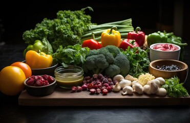 Healthy food, clean eating fruits, vegetables, seeds, superfoods, grains, cabbage, sweet potato, avocado, tomato, onion, beetroot, pepper, eggplant, artichoke, broccoli, cucumber on black background.