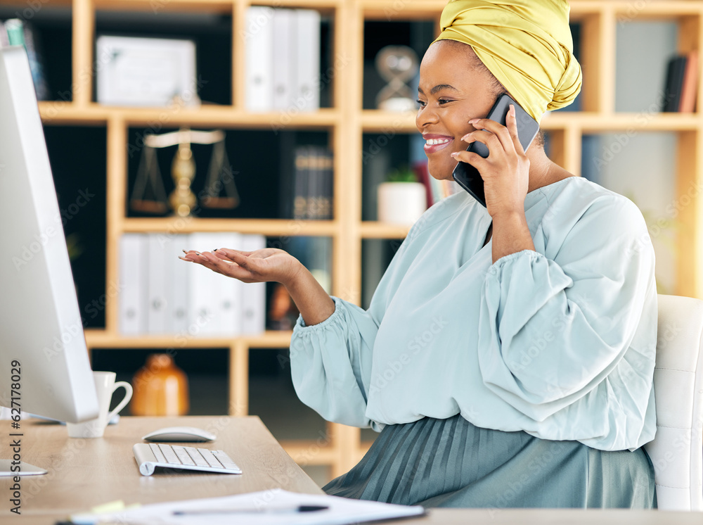 Poster phone call, computer and business woman in office communication, hr networking and advice, informati