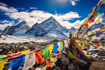 Everest Journey Colorful Flags Adorn the Path. Generative Ai