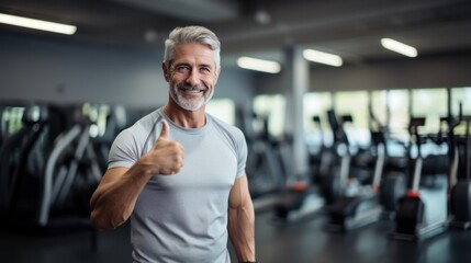 Fototapeta na wymiar Middle age personal trainer showing thumbs up with blurred gym in background.