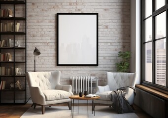 mockup interior with a poster and a floor lamp. trend color. AI Generative.