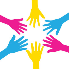 Fototapeta premium Silhouette of pink, yellow, and blue colored hands as the colors of the pansexual flag. Flat design illustration.