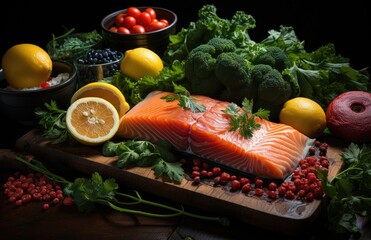 Fresh raw red salmon steak with spices, lemon, pepper, rosemary, herbs, creative pattern made of fish, flat lay, Raw fresh salmon fillet with cooking ingredients, on black background, top view
