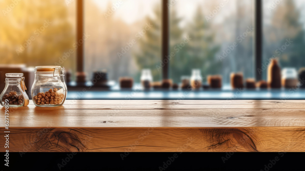 Poster empty wooden counter with an open window in the style of bokeh blurred summer background.