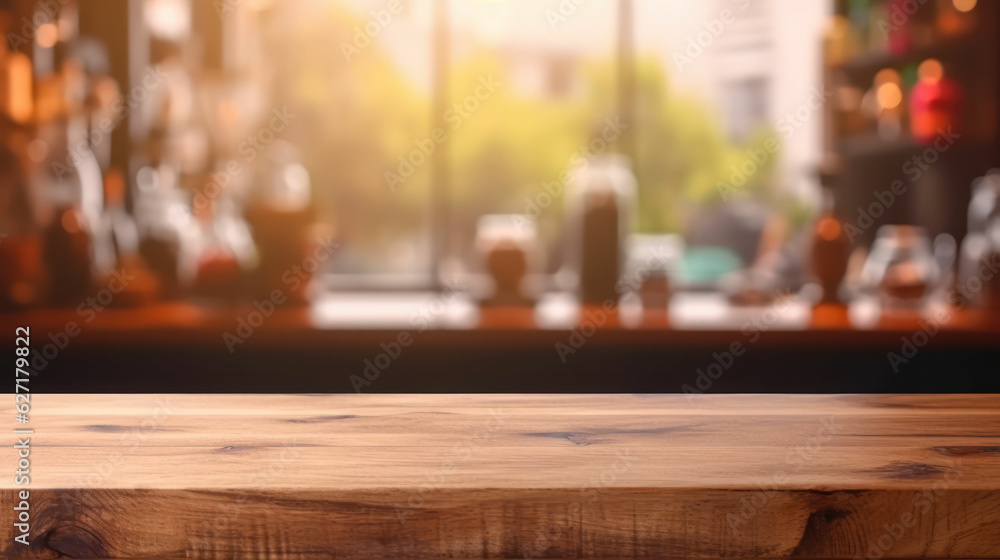Poster empty wooden counter with an open window in the style of bokeh blurred summer background.