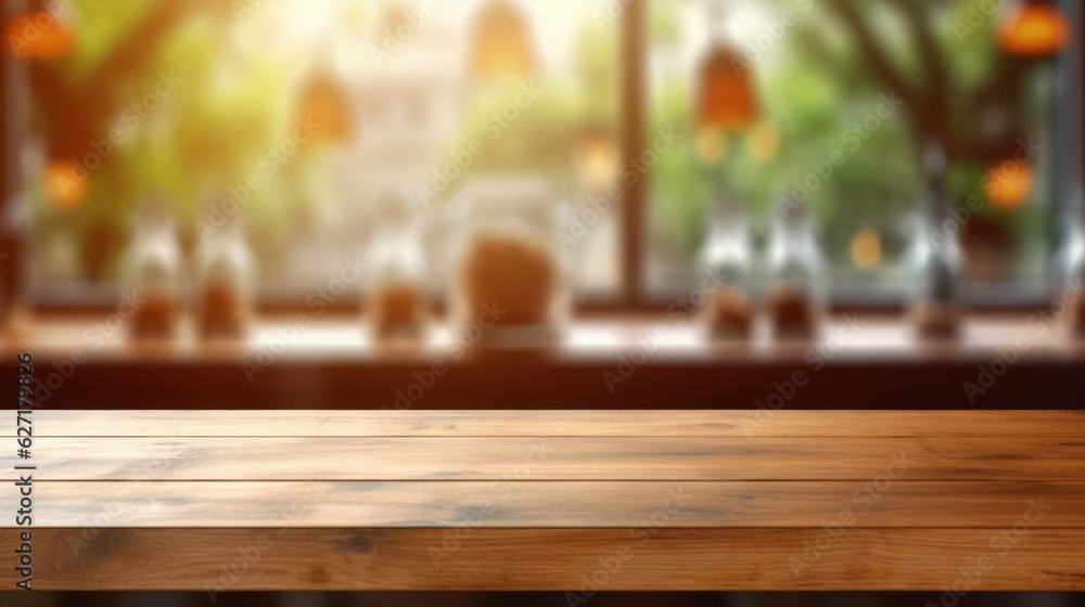 Poster empty wooden counter with an open window in the style of bokeh blurred summer background.