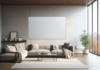 mockup interior with a poster and a floor lamp. trend color. AI Generative.