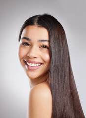 Hair, haircare and happy woman with beauty and salon hairstyle, cosmetic care and portrait isolated...