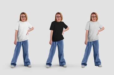 Mockup of a white, black, heather T-shirt on a girl in jeans, sneakers, glasses, isolated on the background.