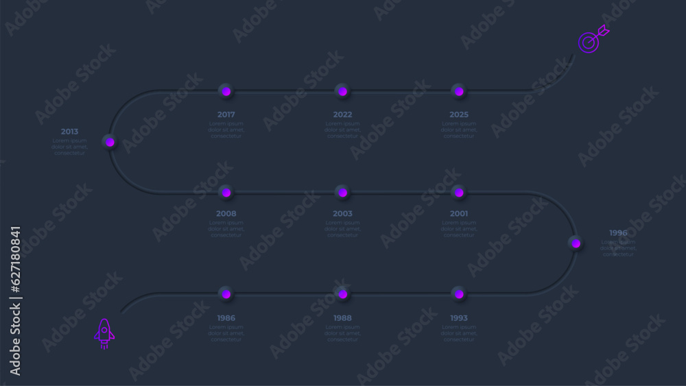 Poster neumorphism infographic timeline template with 11 steps or options on the dark background