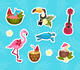 Hawaii Symbols with Flamingo, Toucan, Guitar and Cocktail Vector Sticker Set