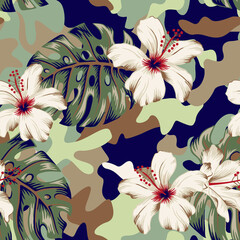 Tropical hibiscus flowers, monstera palm leaves bouquets, camouflage background. Vector seamless pattern