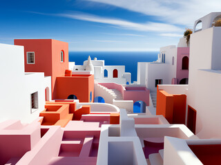 Naklejka premium Wide-angle shot of surreal and minimalist labyrinth , photorealistic, red and orange tones, colorful and vibrant, noon light.