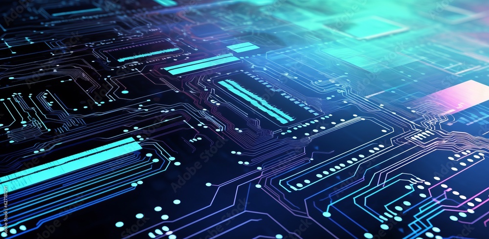 Poster futuristic computer circuit board background in vibrant blue and green with glowing lines and digita