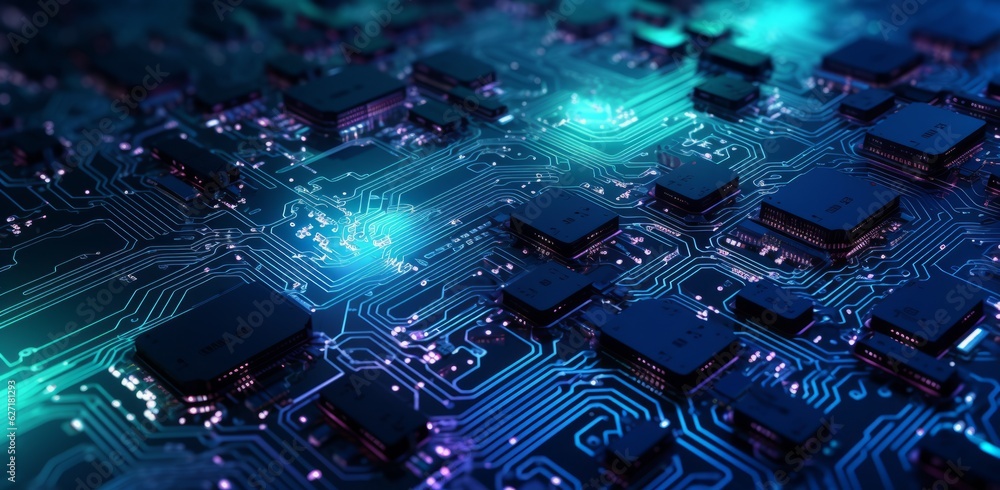 Poster futuristic computer circuit board background in vibrant blue and green with glowing lines and digita