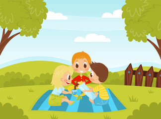 Obraz na płótnie Canvas Little Boy and Girl Having Picnic in the Yard Enjoy Summer Activity Vector Illustration