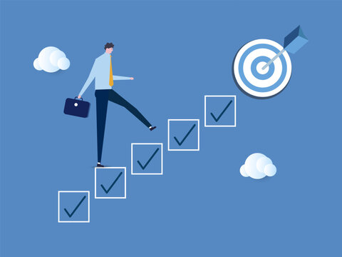 Personal development plan for career success, build specialist skill or competence to motivate and achieve business target concept, smart businessman walk up checklist as staircase to achieve target.