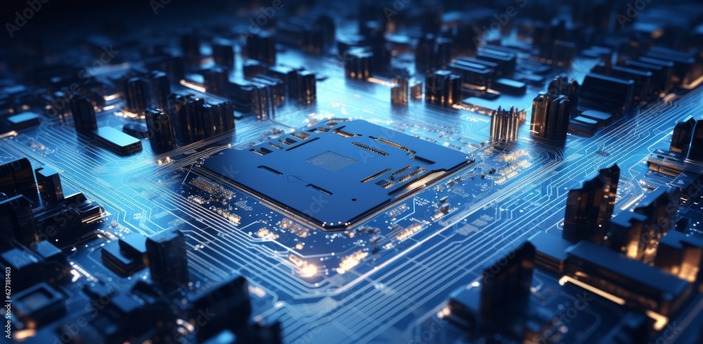 Aufkleber dark electronic circuit board background with various electronics components and copy space, generat