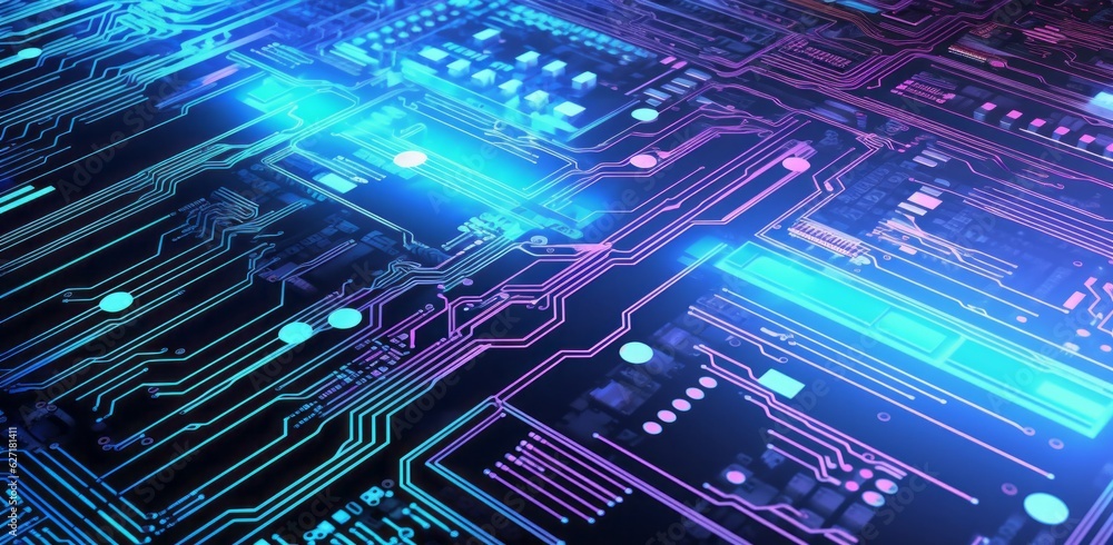 Poster futuristic computer circuit board background in vibrant blue and green with glowing lines and digita